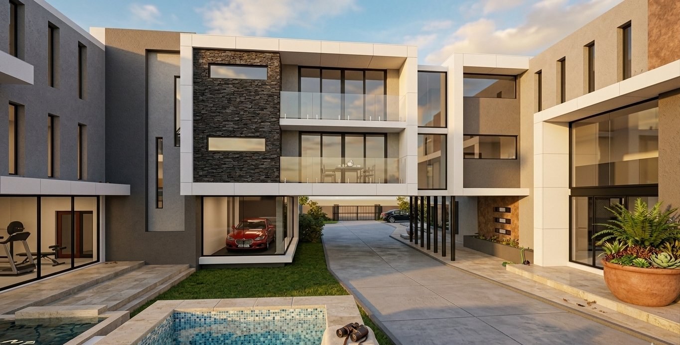 KNE Residence — courtyard view with red car